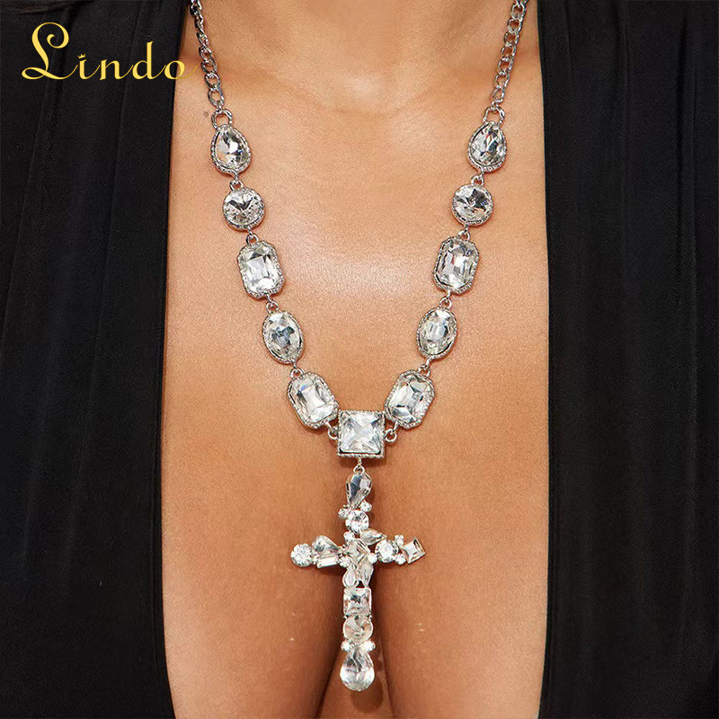 Crystal Rhinestone Chunky Cross Necklace
