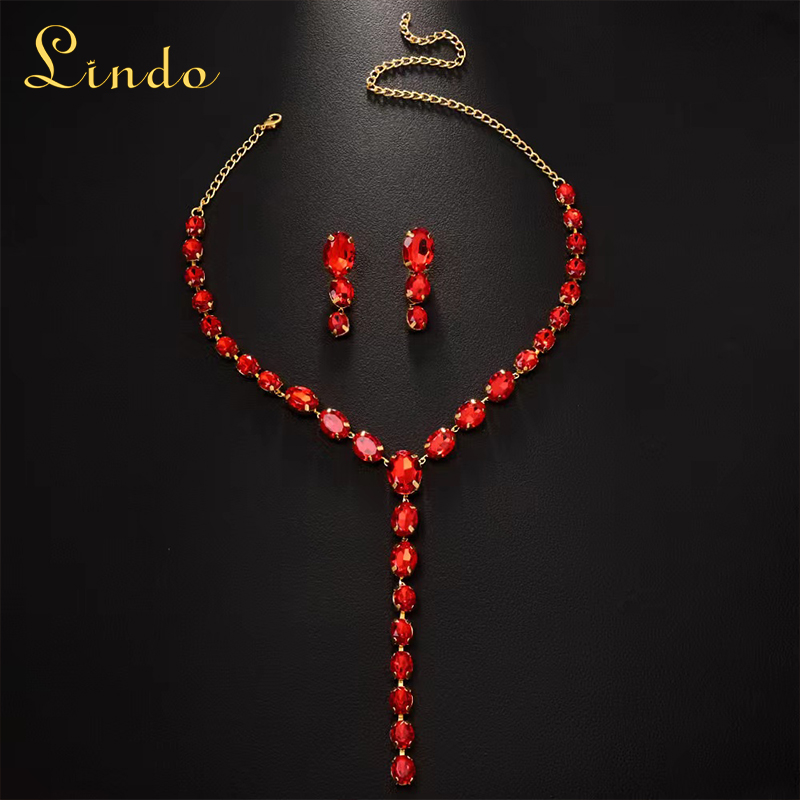 Crystal Rhinestone Red Necklace and Earring Set