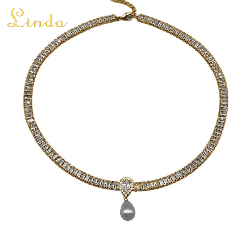 Crystal Single Pearl Necklace Choker with Gold Chain