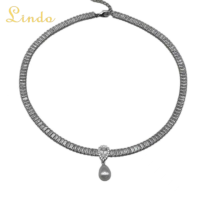 Crystal Single Pearl Necklace Choker with Silver Chain