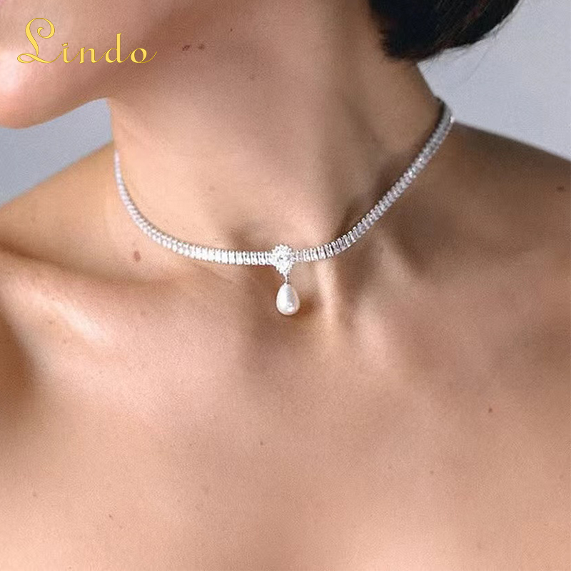 Crystal Single Pearl Necklace Choker
