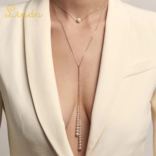 Dainty Long Chain Pearl Necklace