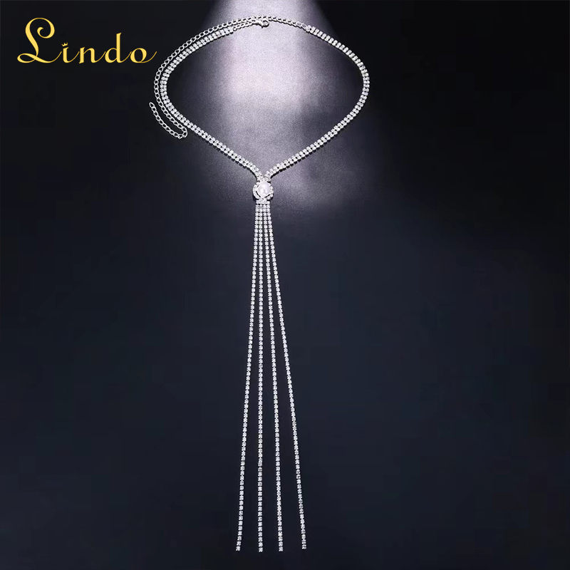 Elegant Silver Color Long Rhinestone Necklace