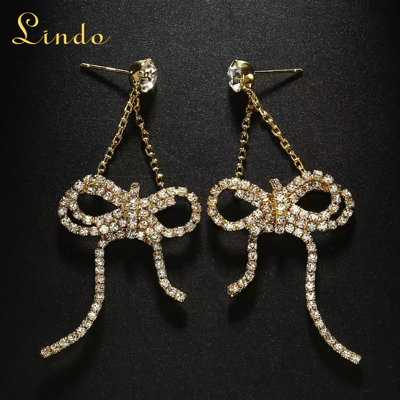 Gold Color Rhinestone Bow Dangle Earrings