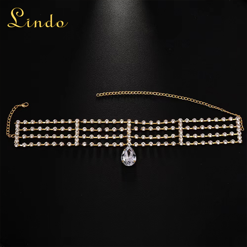 Gold Color Rhinestone Choker Necklace with Teardrop