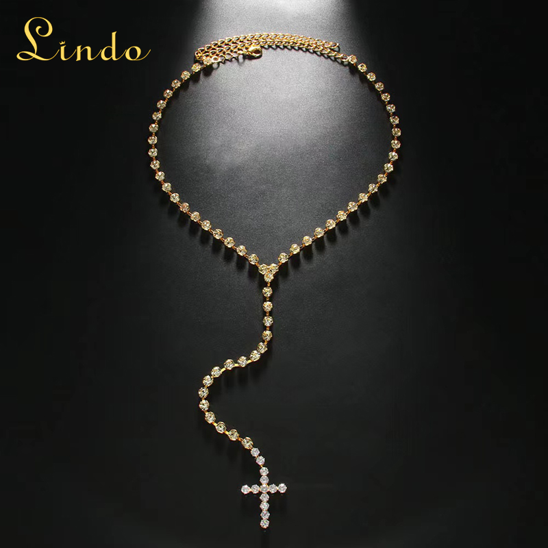 Gold Color Rhinestone Long Cross Necklace
