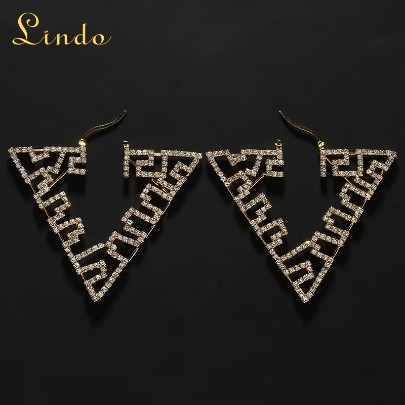 Gold Color Rhinestone Triangle Hoop Earrings