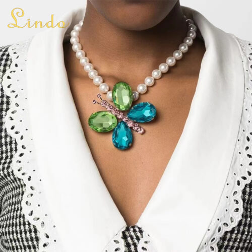 Large Pearl Choker with Crystal butterfly Pendant