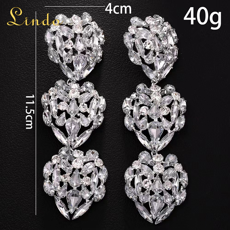 Large Rhiestone Three Hearts Drop Earrings