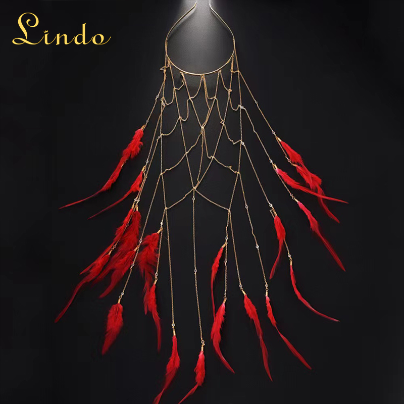 Red Feather Hair Bands with Long Tassel