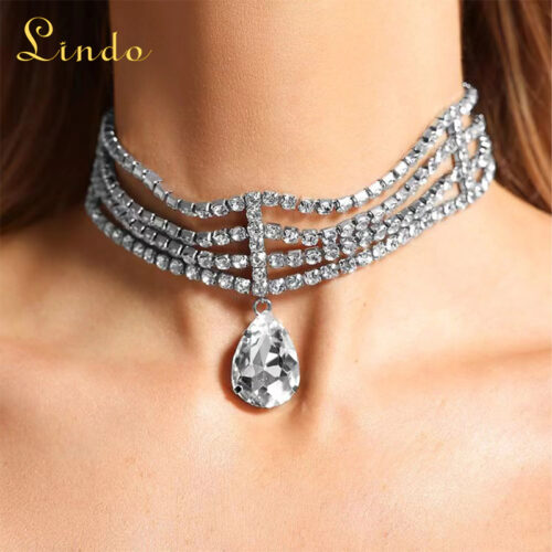 Rhinestone Choker Necklace with Crystal Pendant
