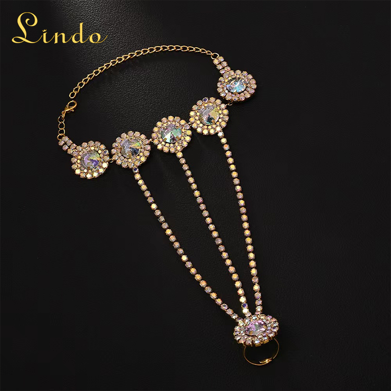 Rhinestone Colorful Bracelet with a Ring Attached