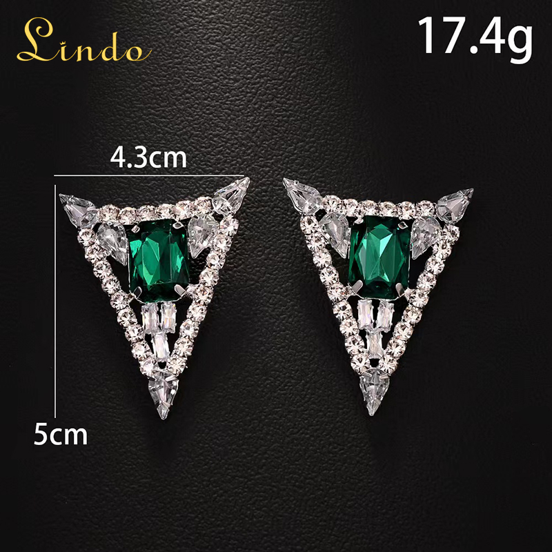 Rhinestone Crystal Triangle Earrings with Green Gemstone