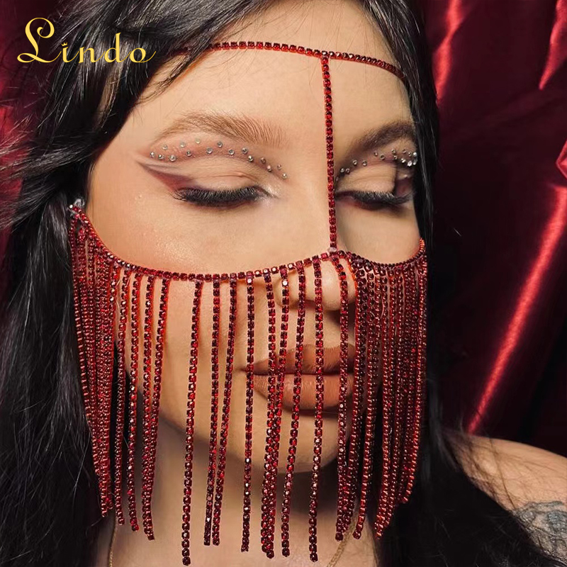 Rhinestone Face Chain Masquerade Red Mask