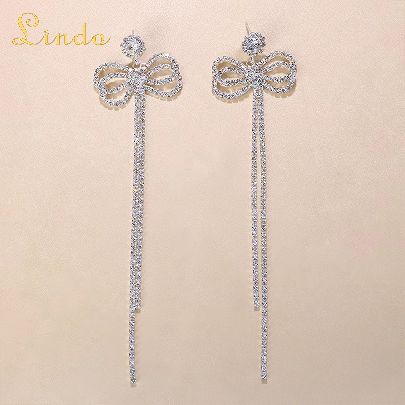 Rhinestone Long Bow Drop Earrings