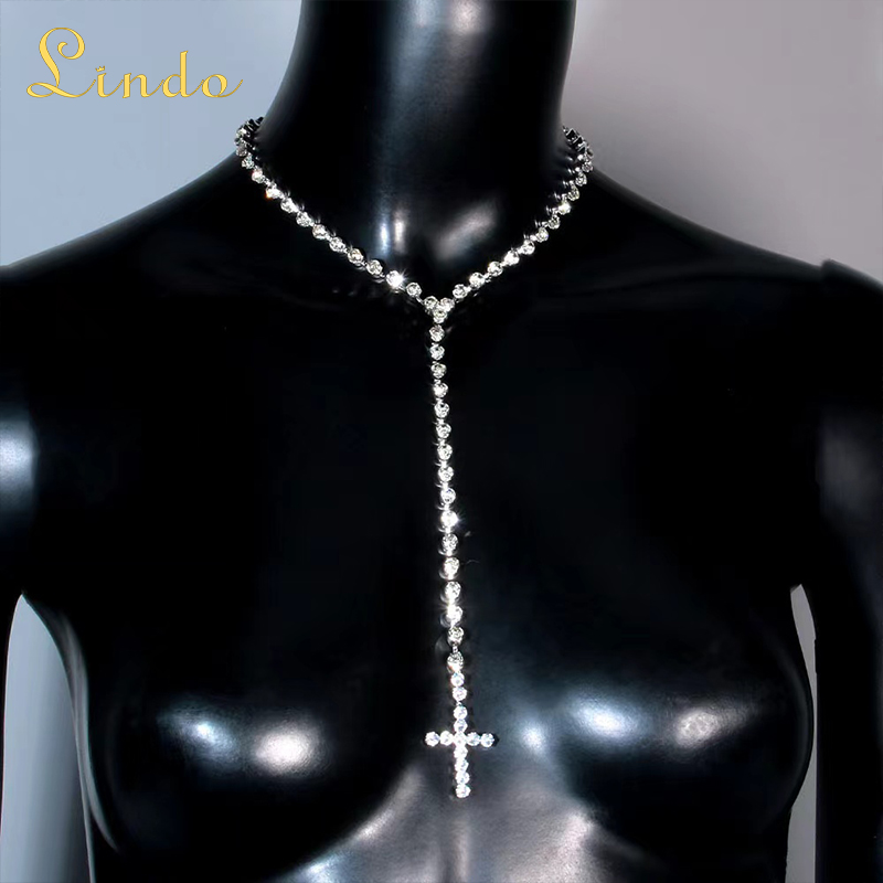 Rhinestone Long Cross Necklace