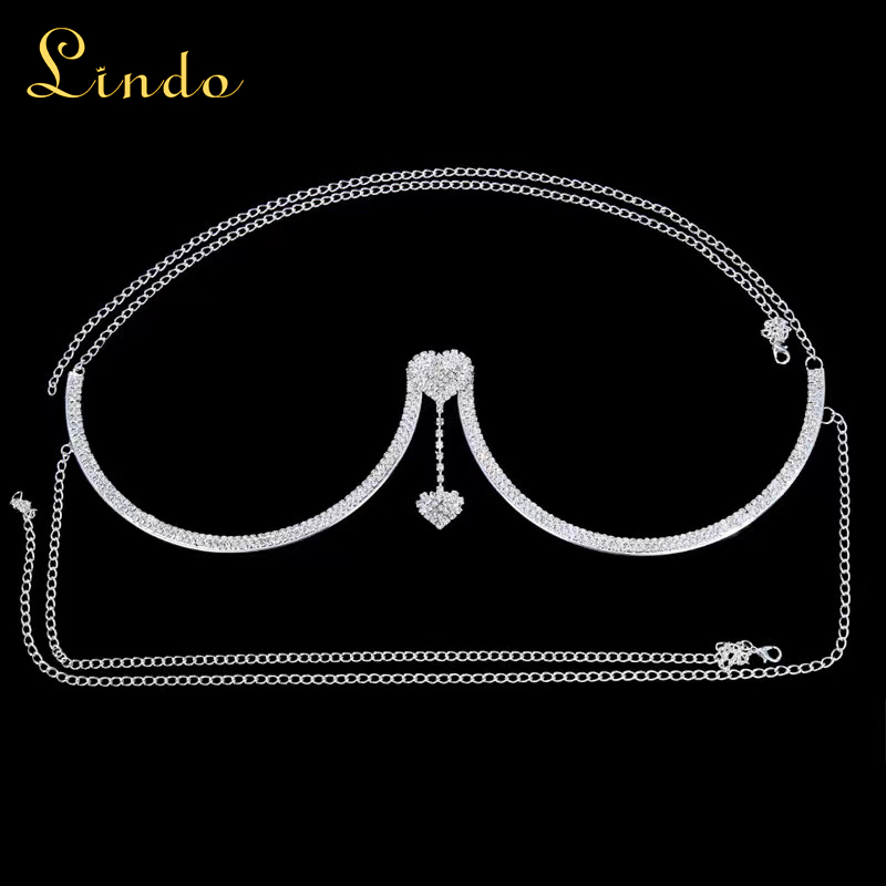 Rhinestone Metal Chain Bra with Heart Drop