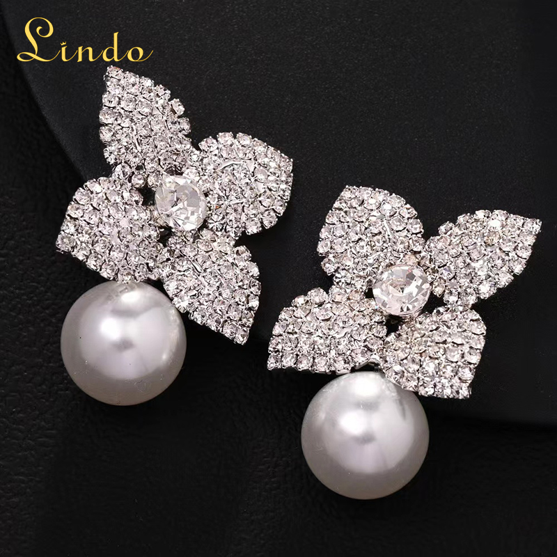 Rhinestone Pearl Floral Earrings for Women