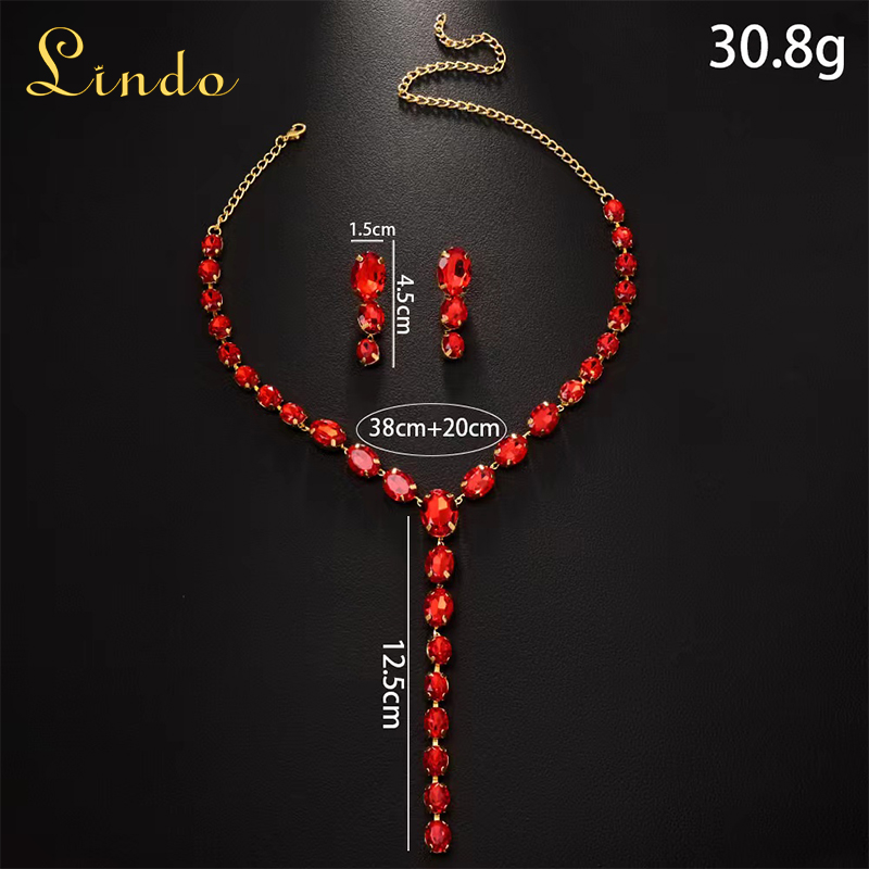 Rhinestone Red Drop Necklace and Earring Set