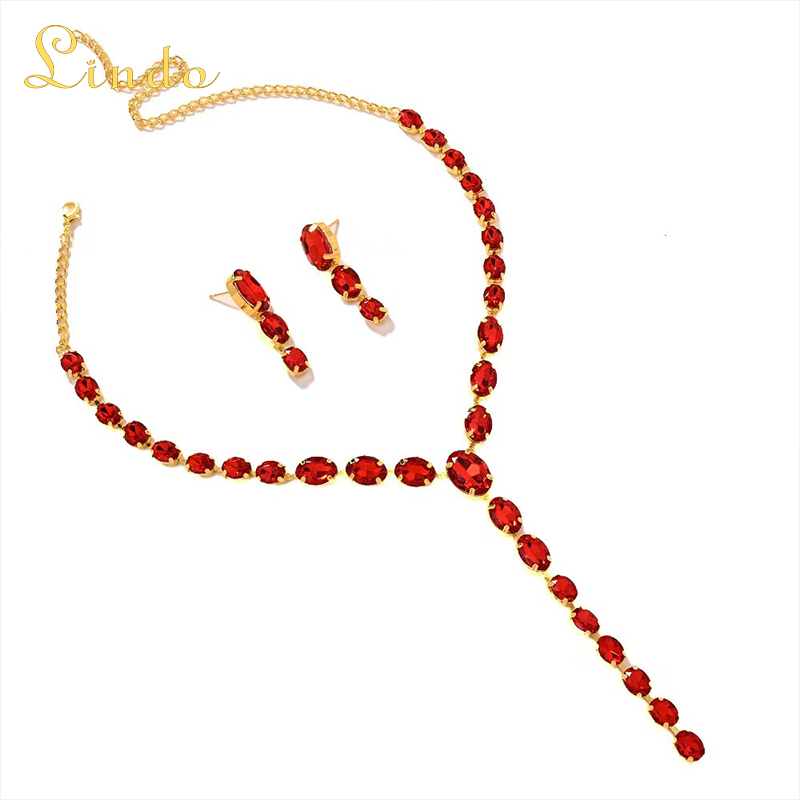 Rhinestone Red Drop Necklace and Earring Set