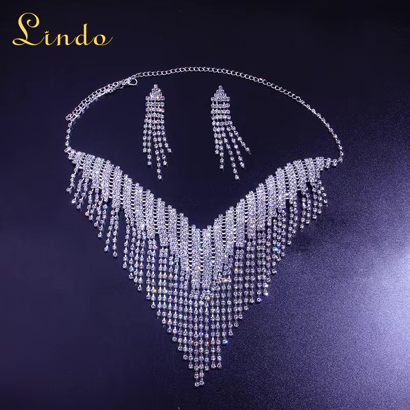 Rhinestone Silver Color Necklace and Earring Set for Wedding