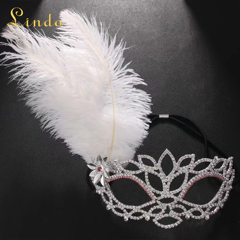 Rhinestone White Feather Masquerade Mask