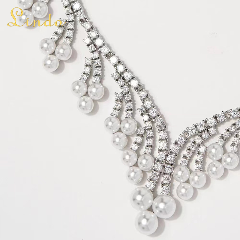 Rhinestone and Pearl for Necklace and Earring Set