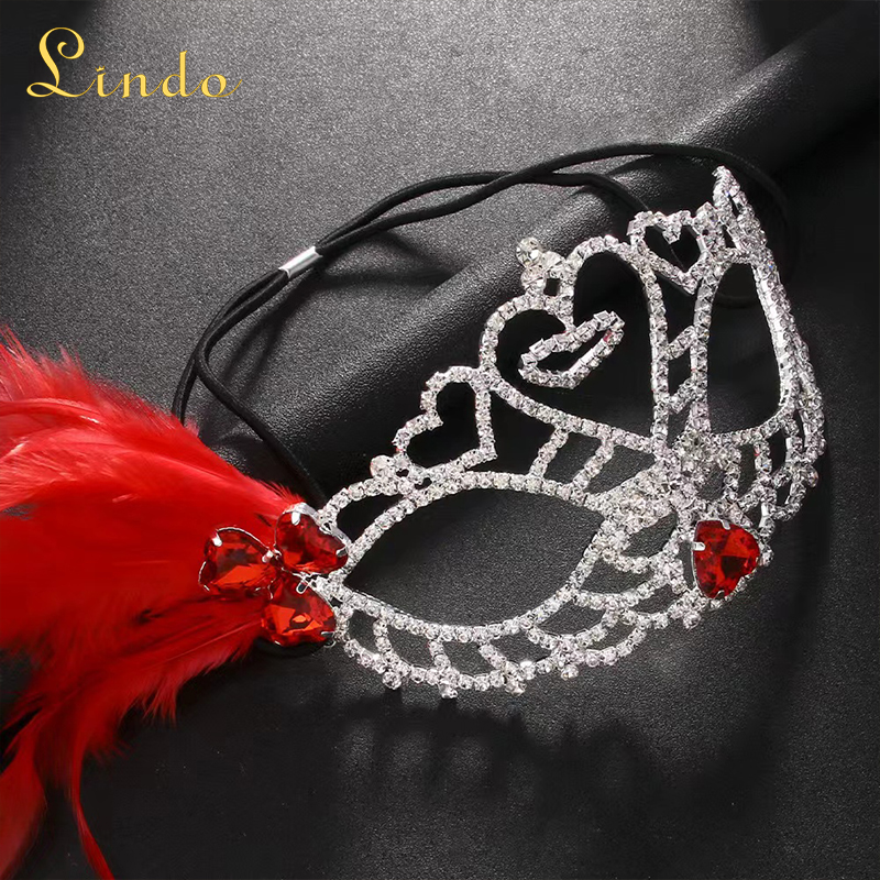 Rhinestone and Red Feather Fancy Masks for Masquerade Ball