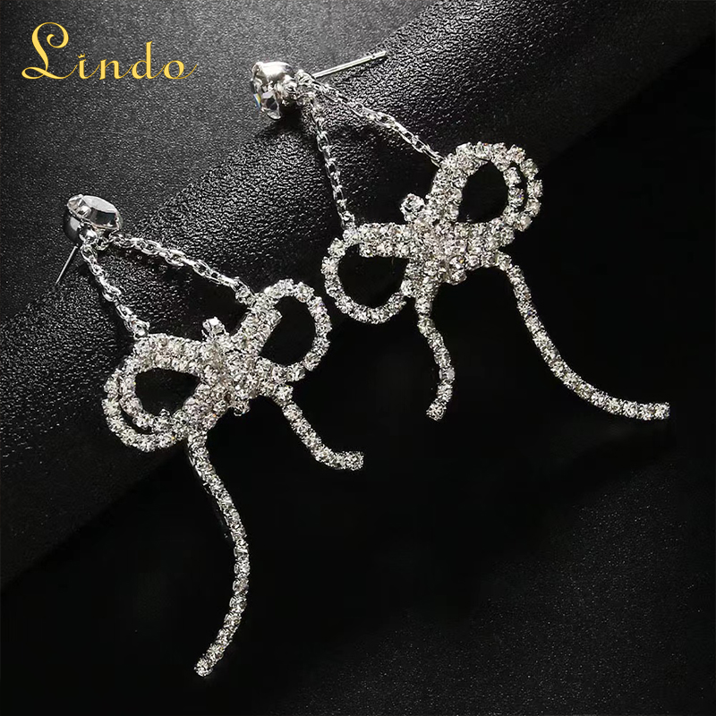 Silver Color Rhinestone Bow Dangle Earrings
