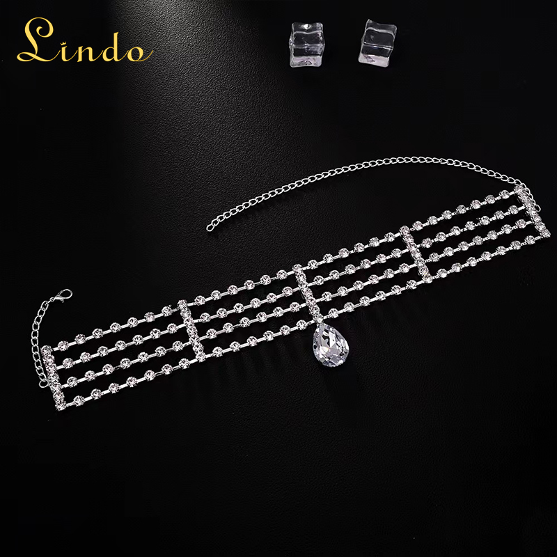 Silver Color Rhinestone Choker Necklace with Teardrop