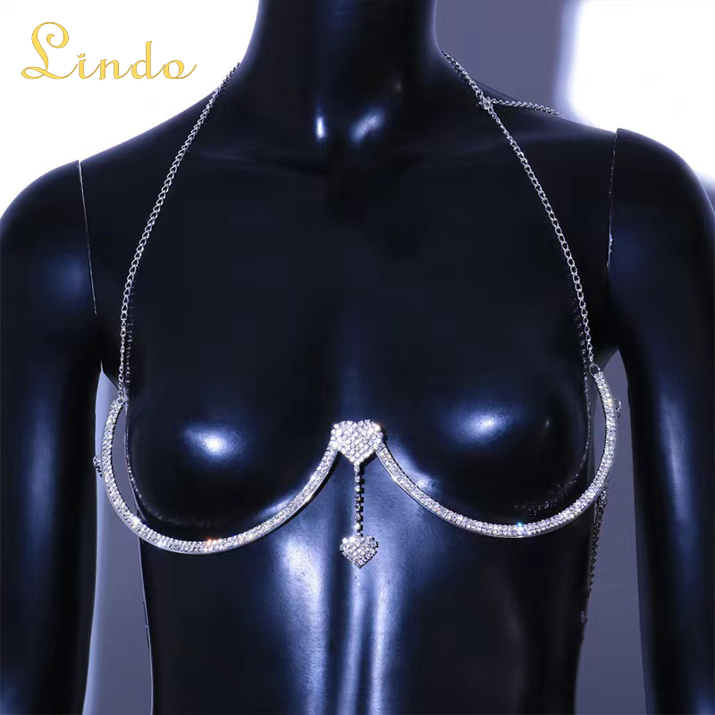 Silver Color Rhinestone Heart Pendant for Metal Chain Bra