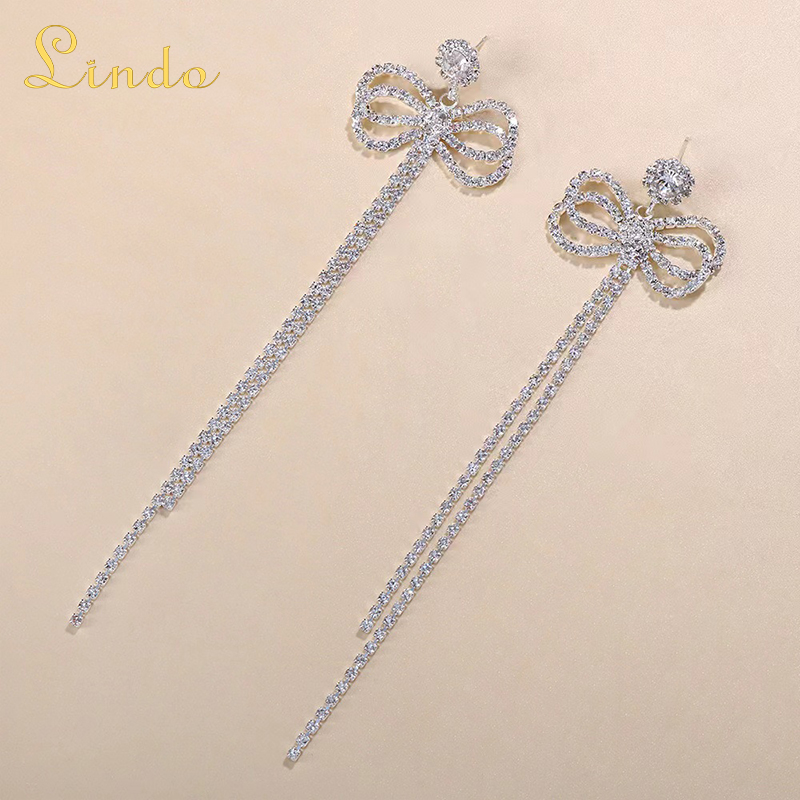 Silver Color Rhinestone Long Bow Drop Earrings