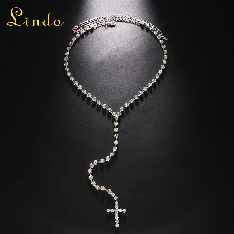 Silver Color Rhinestone Long Cross Necklace