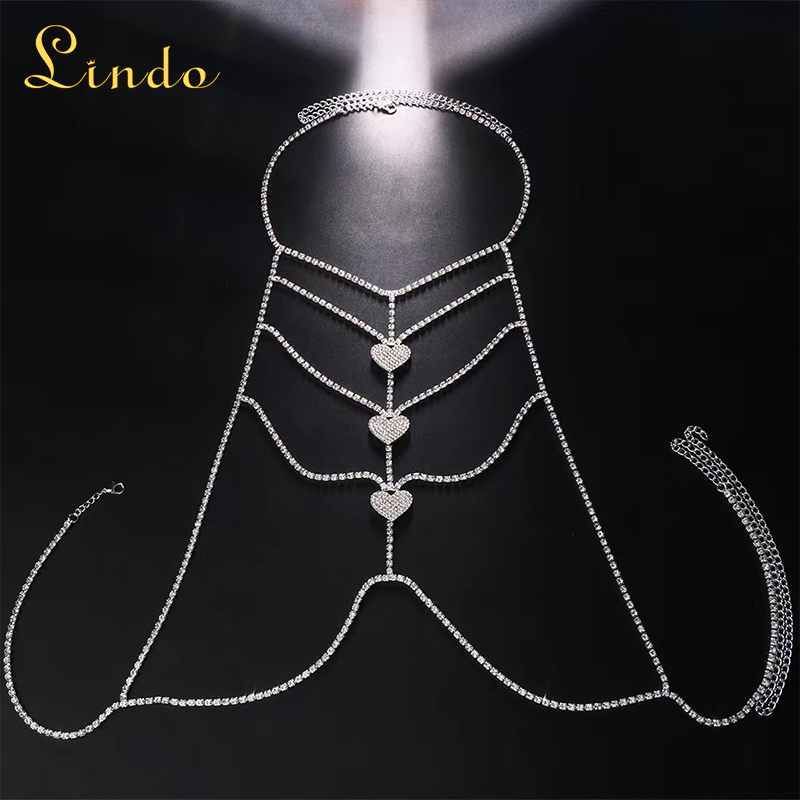 Sparkling Heart Rhinestone Body Chain Top
