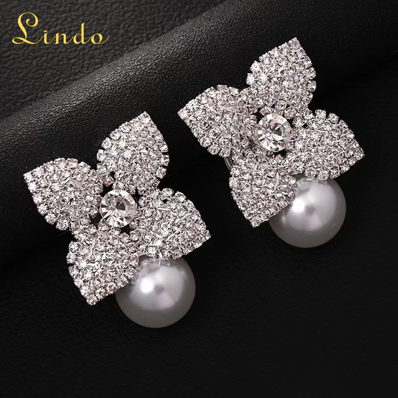 Sparkling Rhinestone Bling Pearl Floral Earrings