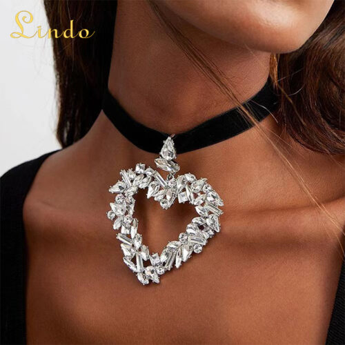 Thick Black Choker Necklace with Crystal Heart Pendant