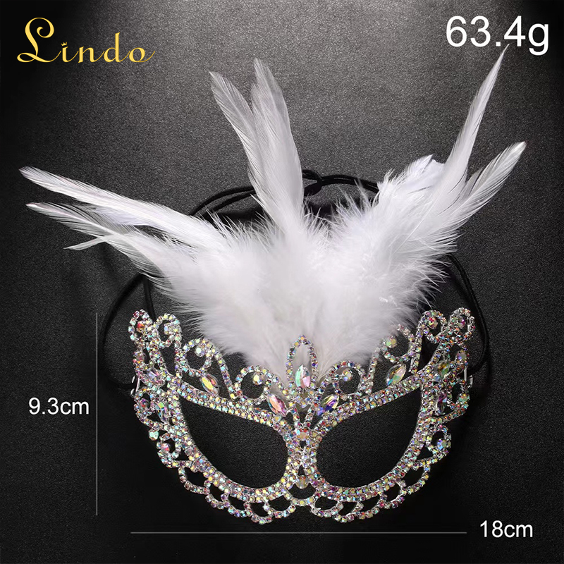 White Feather and Rhinestone Ladies Masquerade Mask