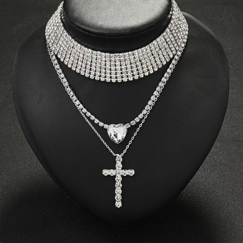 Multi Layered Cross Necklace Triple Tennis Choker