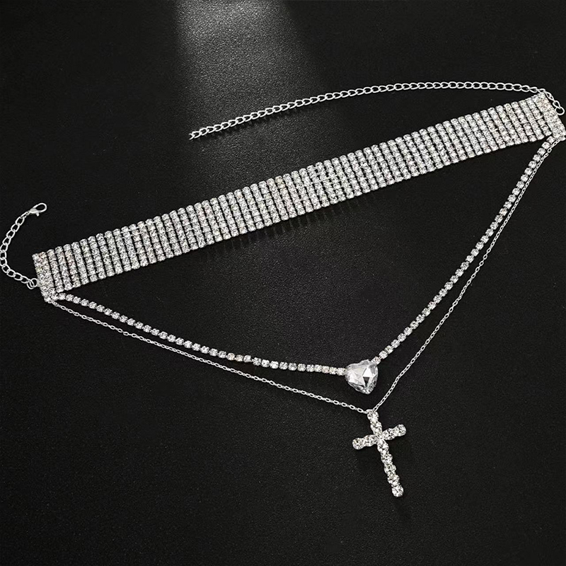 Multi Layered Cross Necklace Triple Tennis Choker