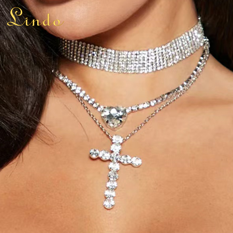Multi Layered Cross Necklace Triple Tennis Choker