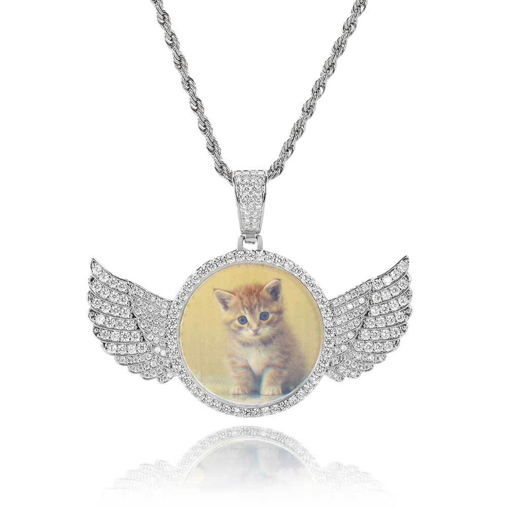 925 Sterling Silver Iced Out Moissanite Angel Wing Pendant with Picture