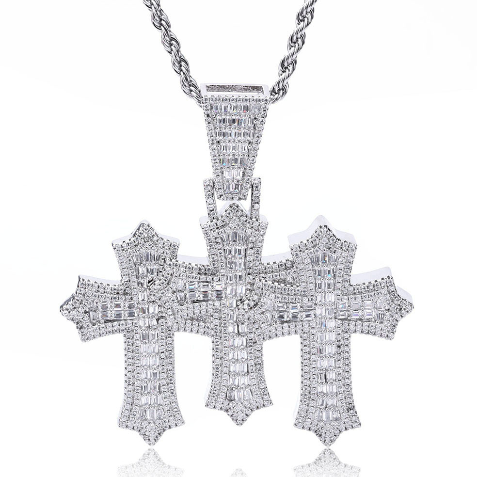 925 Sterling Silver Iced Out Moissanite Triple Cross Pendant