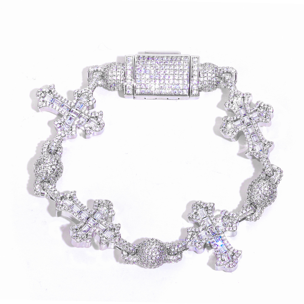 Sterling Silver Moissanite Iced Bead Ball Cross Bracelet