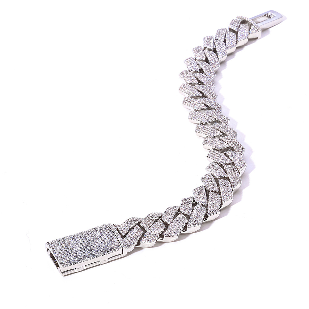 Real Sterling Silver 15mm Prong Cuban Link Bracelet with Iced Moissanite Diamond