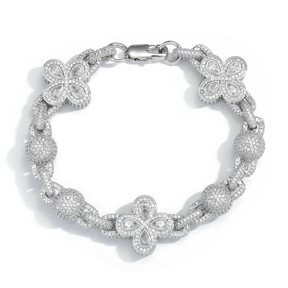Sterling Silver Iced Out Moissanite Floral Hip Hop Bracelet