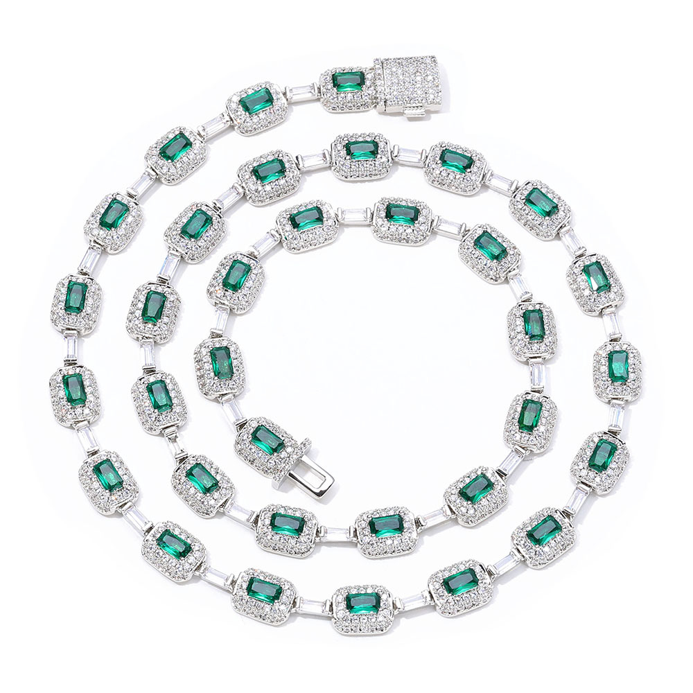 Green Stone Chain Cluster Pavé Moissanite Necklace