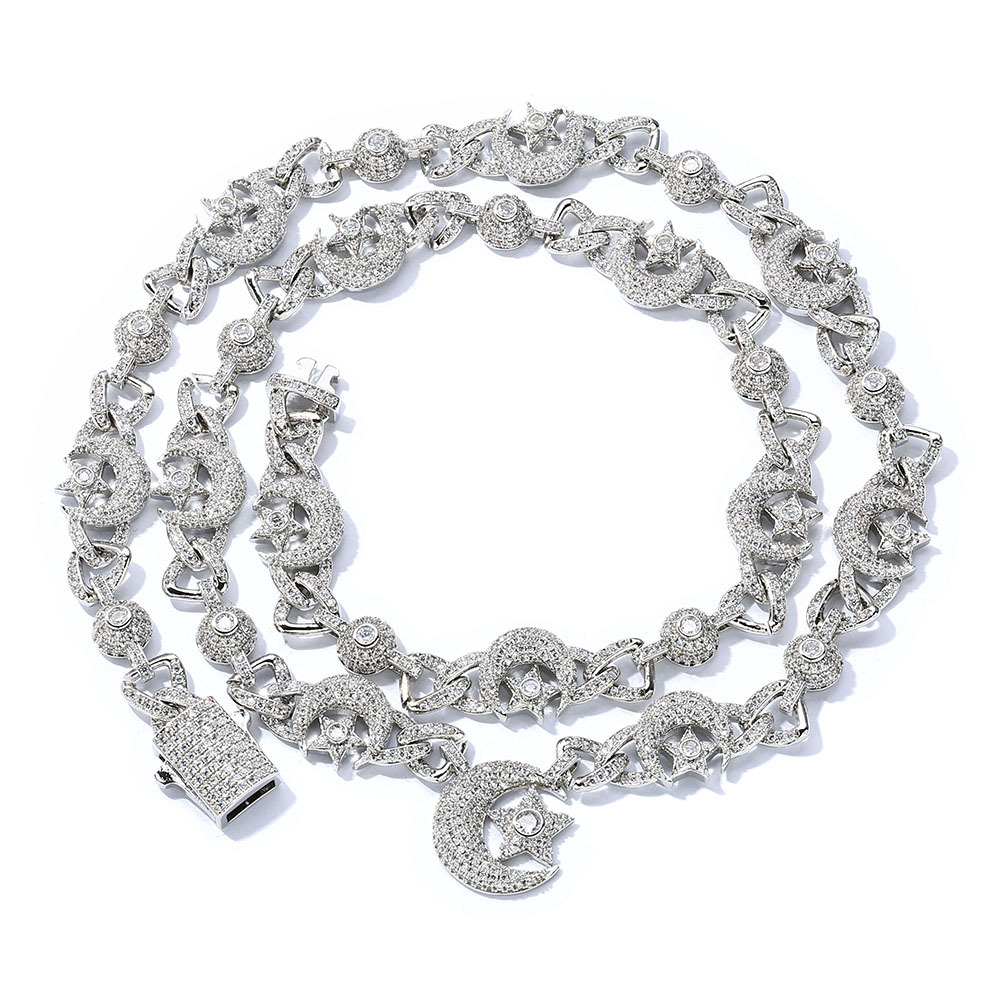 Silver Moon and Star Necklace Hip Hop Moissanite Chain